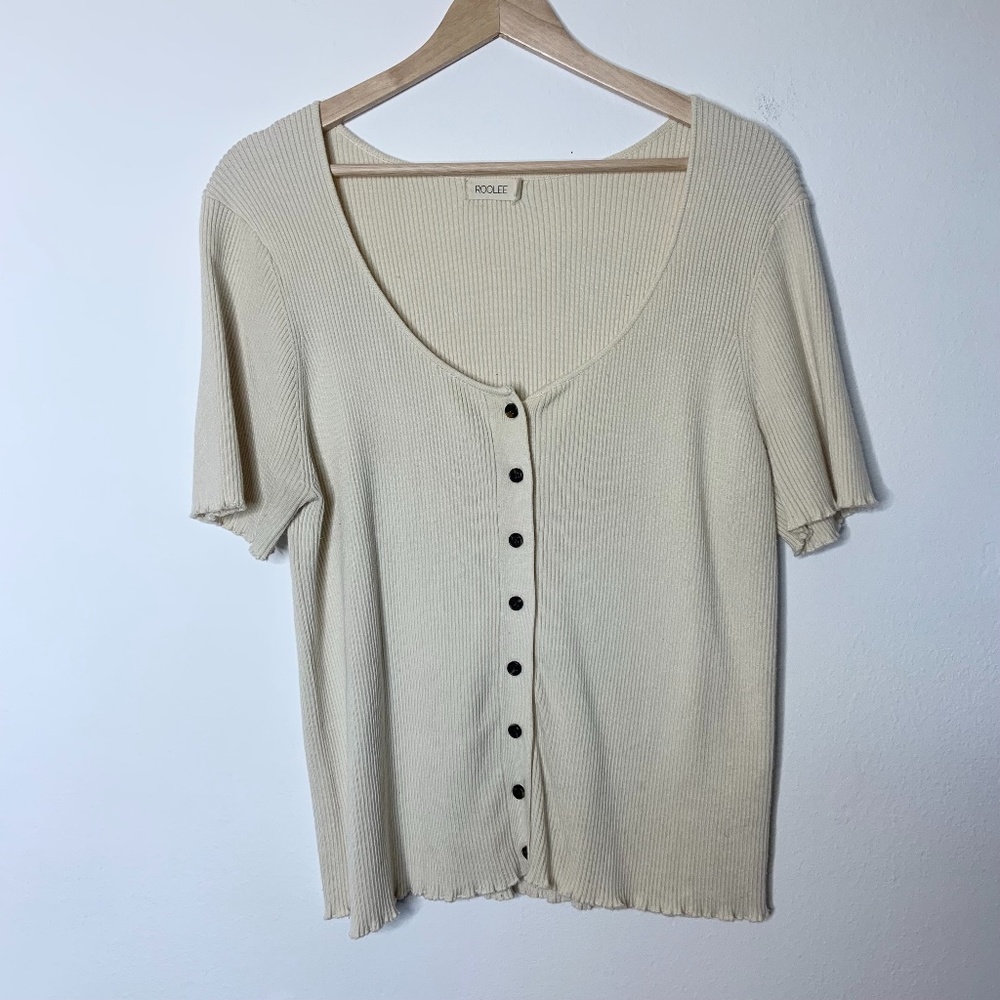 Roolee Ribbed Cream Short Sleeve Top Scalloped Edges Sz L